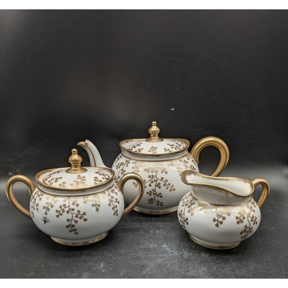Antique Limoges Lycett France Gold Leaf Porcelain Teapot Sugar Creamer Set 3pc